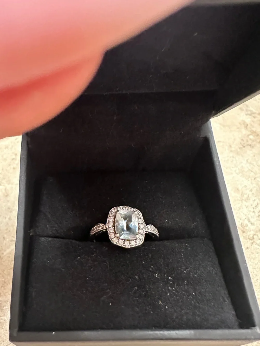 Sterling 425 Silver Blue mosinaite w small diamonds Halo Ring